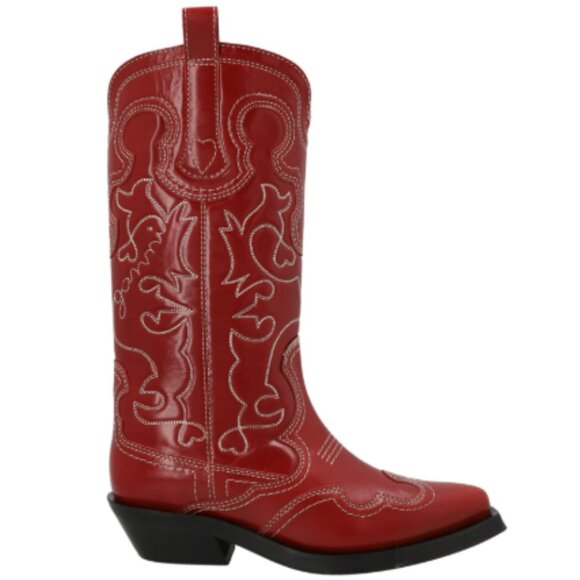 GANNI Embroidered Western Boots Red Leather Mid Calf Eu 40 - Picture 2 of 11